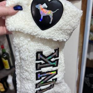 PINK Victoria's Secret White Sherpa Dog Sweater with Holographic Logo